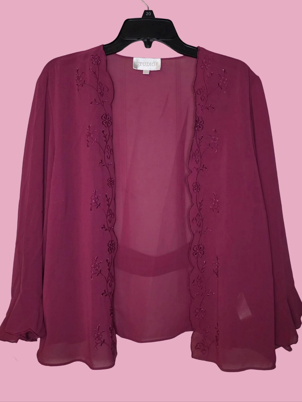 Studio I Magenta Sheer Embroidered Beaded Scalloped Open Chiffon Cardigan